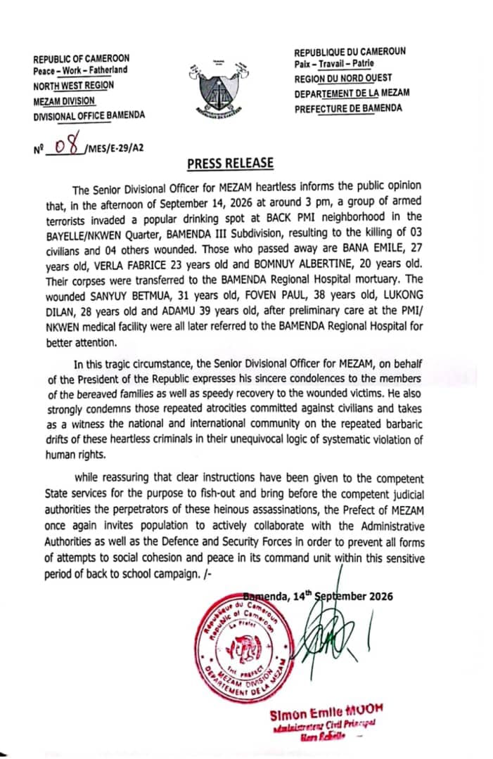 Communiqué du Préfet de la Mezam Simon Emile Mooh après l'attaque de Back PMI à Bamenda